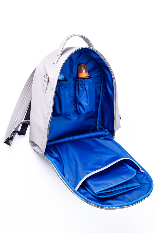 light gray backpack diaper bag open